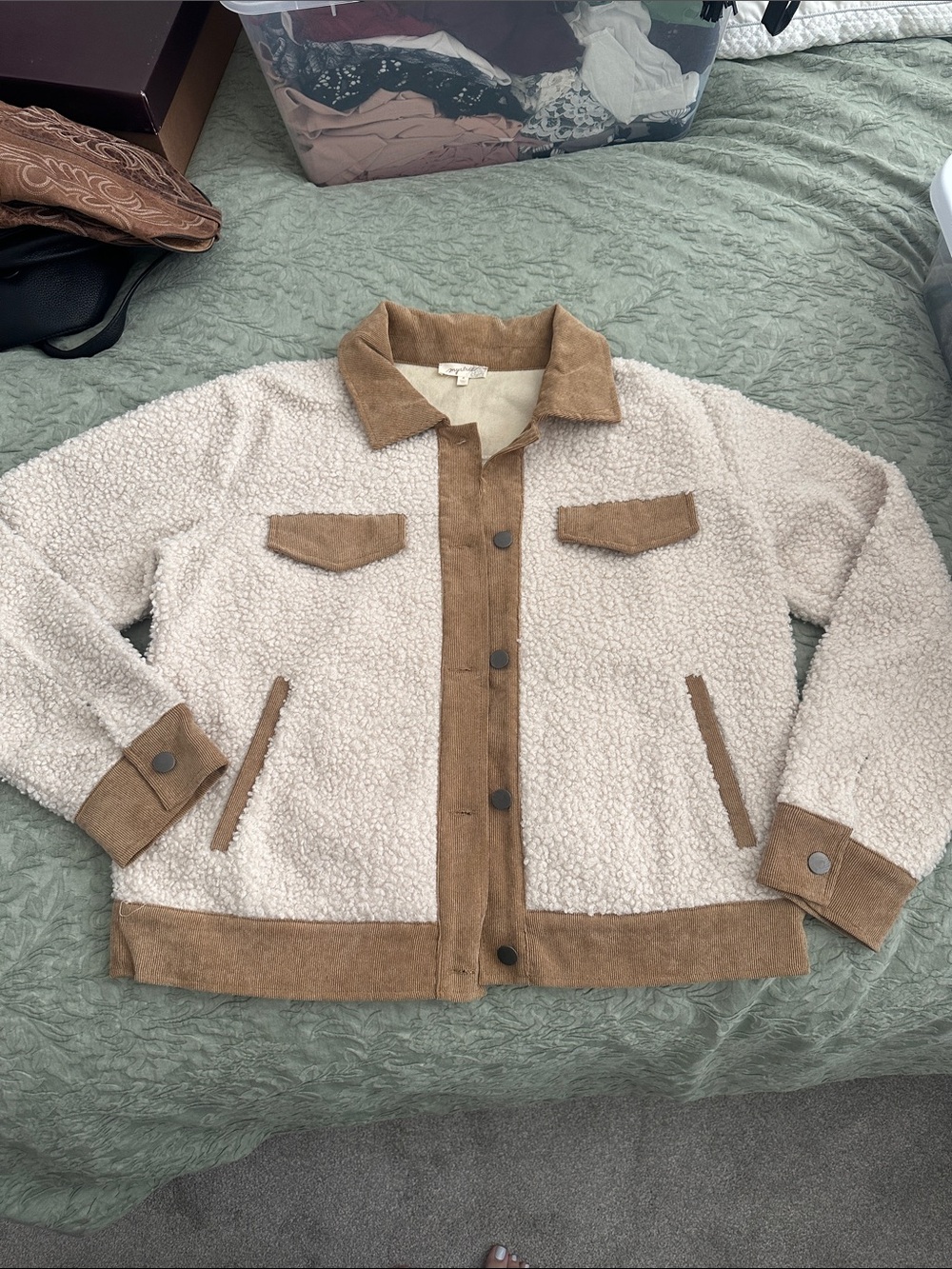 Sherpa Jacket with Contrast Suede Trim - Cream & Camel